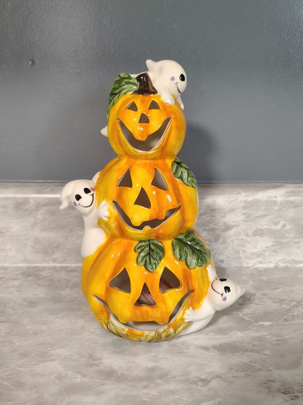 Blue Sky Clayworks Happy Harvest Pumpkin & Ghost Tealight Candleholder Halloween